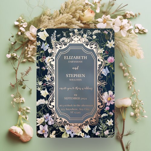 Vintage Elegant Dusty Blue Floral Wedding Foil Invitation