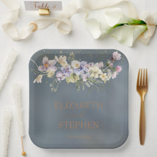 Vintage Elegant Dusty Blue Floral Wedding Paper Plates