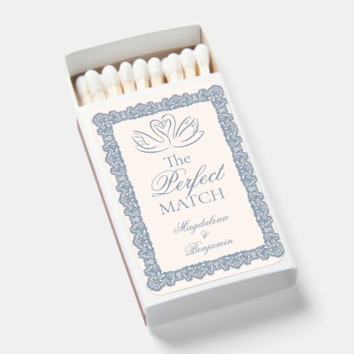 Vintage Elegant Dusty Blue & Ivory Lace Swans Matchboxes