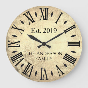Vintage Elegant Family Name Roman Numeral Rustic Large Clock