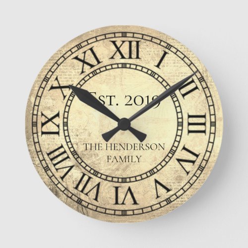 Vintage Elegant Family Name Roman Numeral Rustic R Round Clock