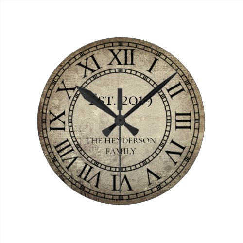 Vintage Elegant Family Name Roman Numeral Rustic R Round Clock