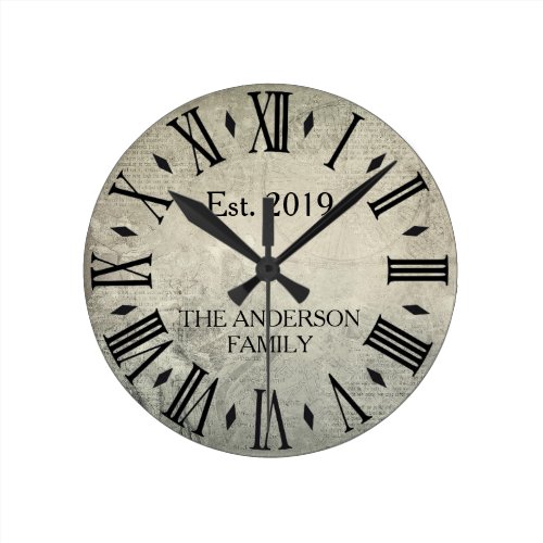 Vintage Elegant Family Name Roman Numeral Rustic Round Clock