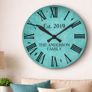 Vintage Elegant Family Name Roman Numeral Teal Round Clock