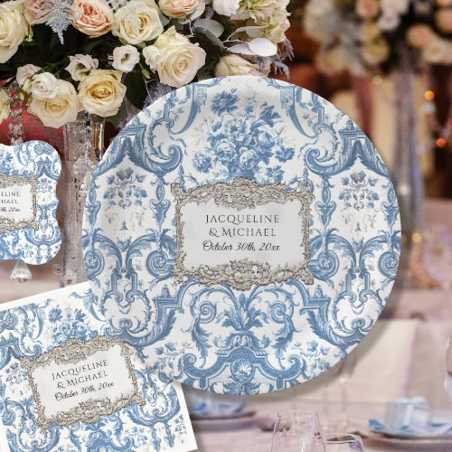 Vintage Elegant Floral Blue n White Silver Bridal Paper Plates