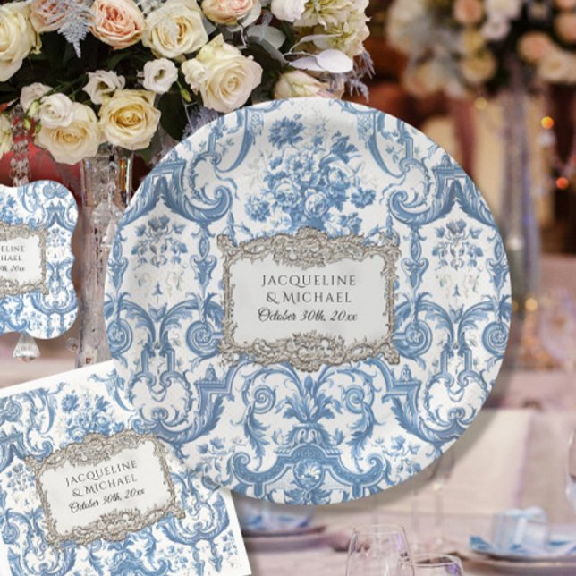 Vintage Elegant Floral Blue n White Silver Bridal Paper Plates (Creator Uploaded)