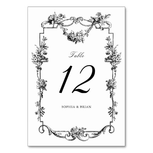 Vintage Elegant Floral Frame Black White Wedding Table Number