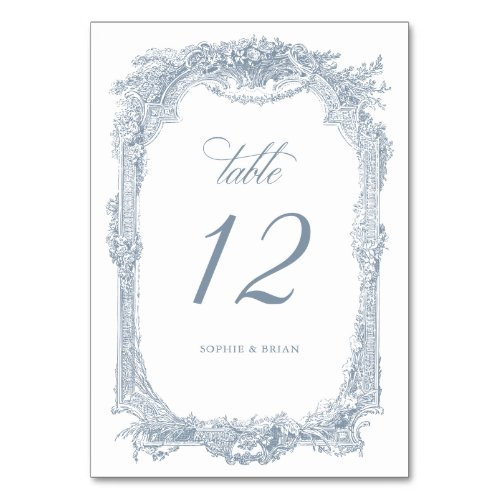 Vintage Elegant Floral Frame Dusty Blue Wedding Table Number