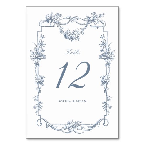 Vintage Elegant Floral Frame Dusty Blue Wedding Table Number