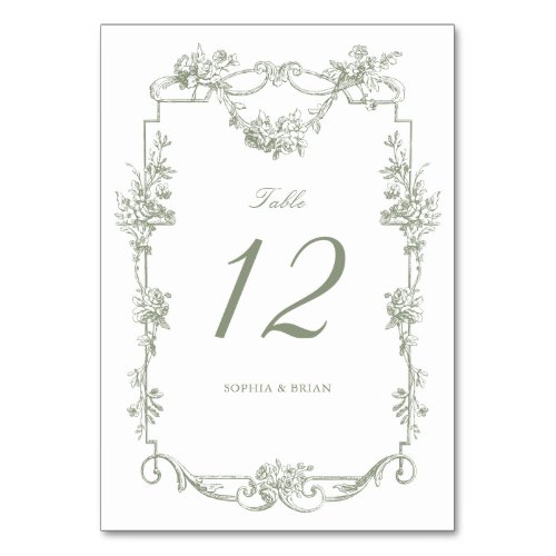 Vintage Elegant Floral Frame Sage Green Wedding Table Number