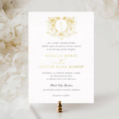 Vintage Elegant Floral Leaf Crest Wedding Gold Foil Invitation