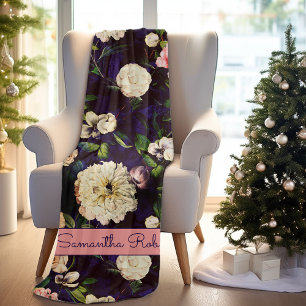 Vintage Elegant floral pink flowers blue monogram Fleece Blanket