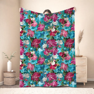 Vintage Elegant floral pink flowers blue pattern Fleece Blanket