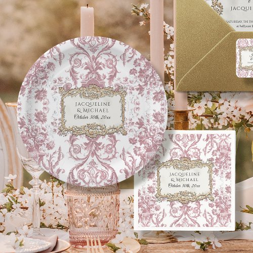 Vintage Elegant Floral Pink n White w Gold Bridal Paper Plates