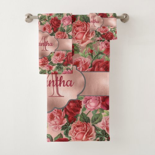 Vintage Elegant Floral Pink Rose Gold Monogrammed Bath Towel Set