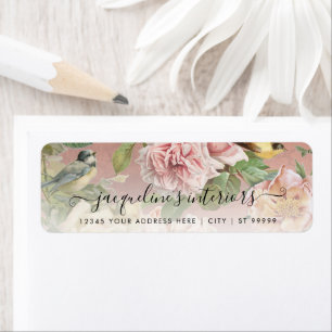 Vintage Elegant Floral Pink Roses Botanical Birds Label