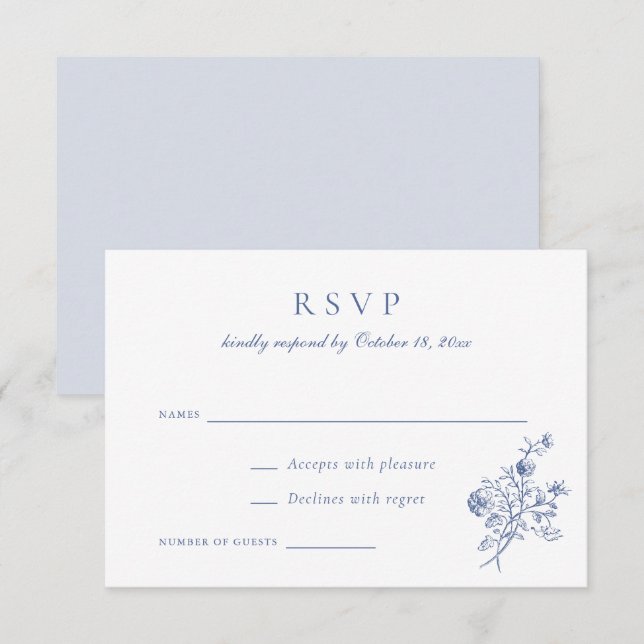 Vintage Elegant Floral Script Blue Wedding RSVP Invitation (Front/Back)