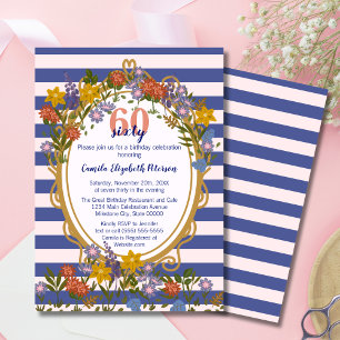 Vintage Elegant Floral Striped Navy Blue Birthday Invitation