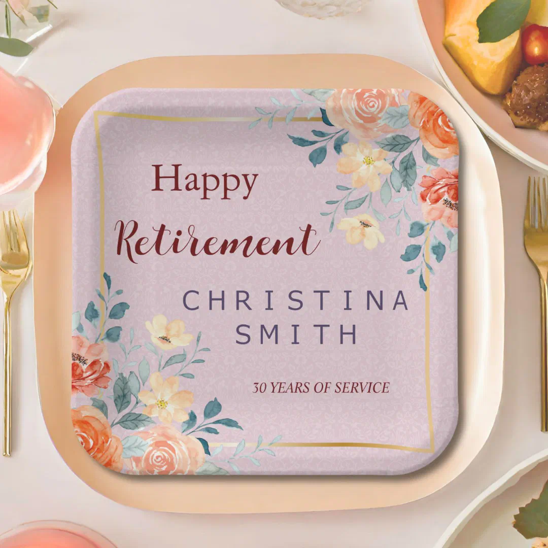 Vintage Elegant Floral Watercolor Retirement Party Paper Plates (Vintage Elegant Floral Watercolor Retirement Party Paper Plates)