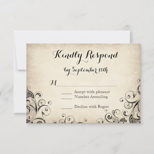 Vintage Elegant Flourish Rustic Wedding RSVP Cards (Front)