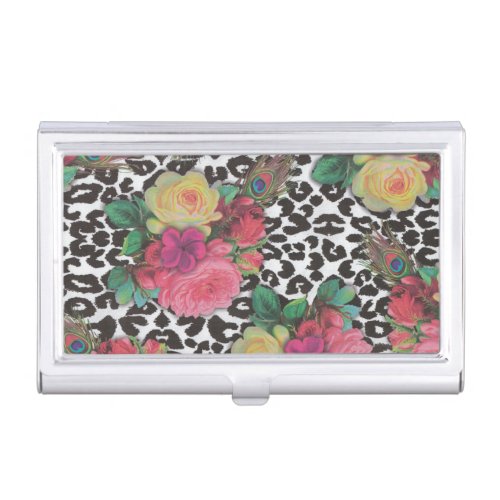 vintage elegant flowers cheetah peacock floral   business card case