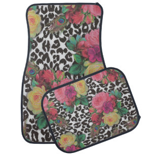 vintage elegant flowers cheetah peacock floral car floor mat