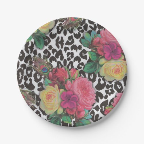 vintage elegant flowers cheetah peacock floral   paper plates