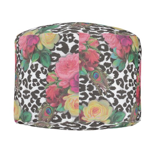 vintage elegant flowers cheetah peacock floral   pouf