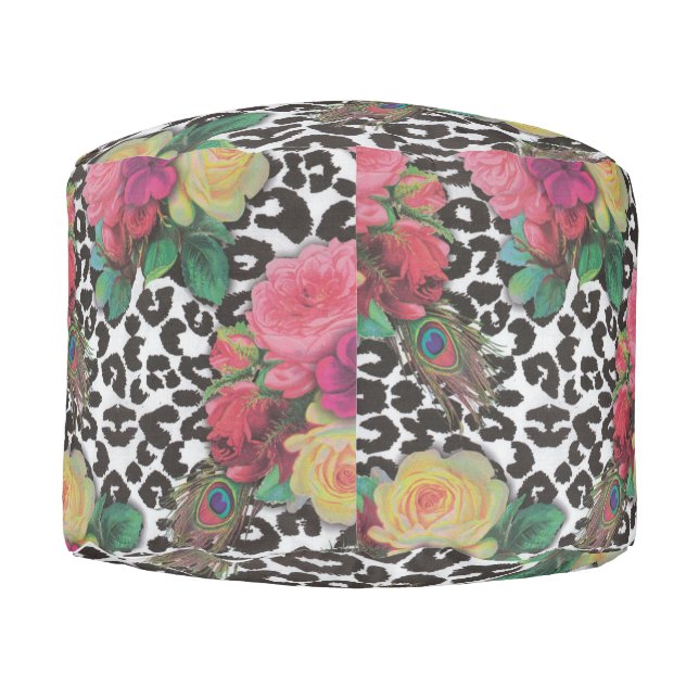 vintage elegant flowers cheetah peacock floral   pouf (Back)