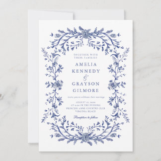 Vintage Elegant French Blue Floral Wedding Invitation