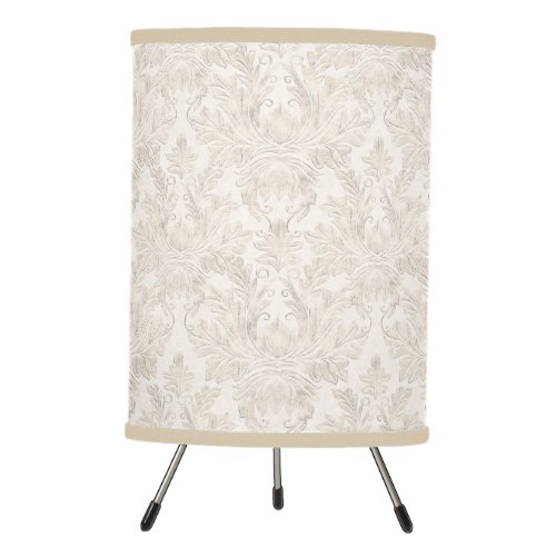 Vintage Elegant French White Wood Damask Pattern Tripod Lamp