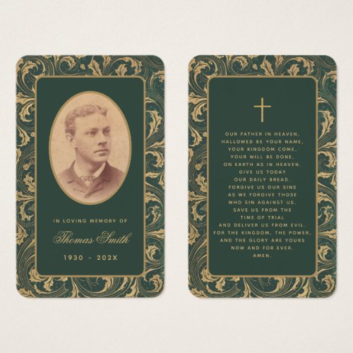Vintage Elegant Funeral Memorial Green Prayer Card
