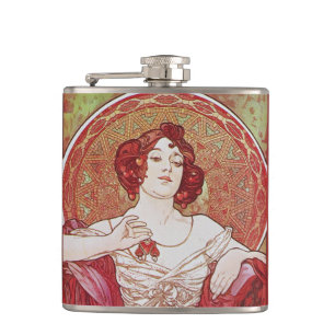 Vintage Elegant Girly Art Nouveau Mucha Ruby Lady Flask