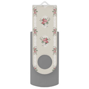 Vintage Elegant Girly Pink Roses on Grey USB Flash Drive