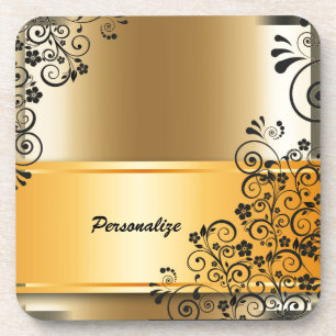 Vintage Elegant Gold Banner Black Personalized Beverage Coaster