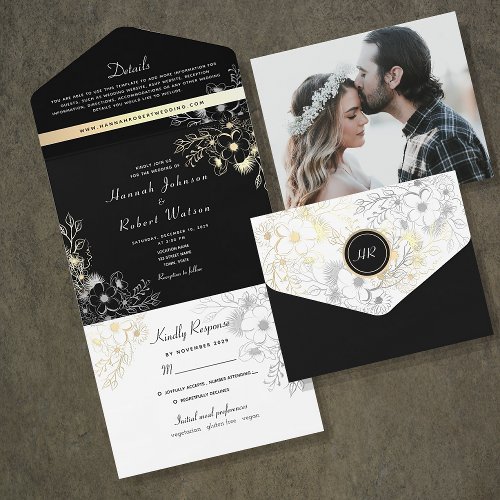 Vintage Elegant Gold Black and White Wedding All In One Invitation