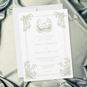 Vintage Elegant Green Swan Crest Garden Wedding Invitation