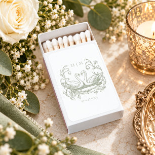Vintage Elegant Green Swan Crest Garden Wedding Matchboxes