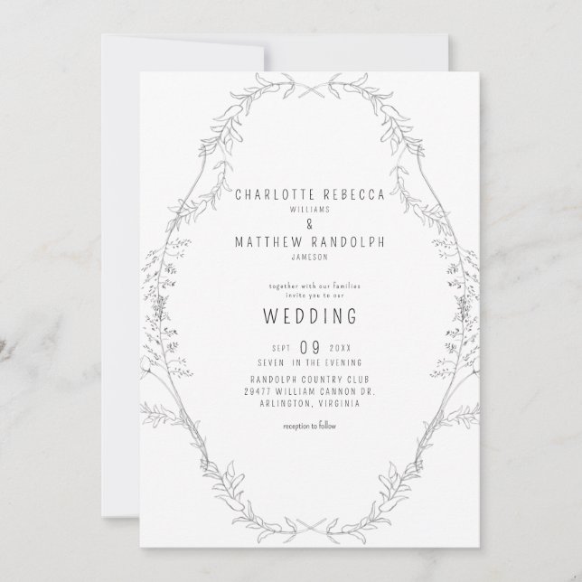 Vintage Elegant Hand-Drawn Foliage Wedding Invitat Invitation (Front)