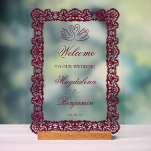 Vintage Elegant Lace Frame Burgundy Swans Wedding Acrylic Sign
