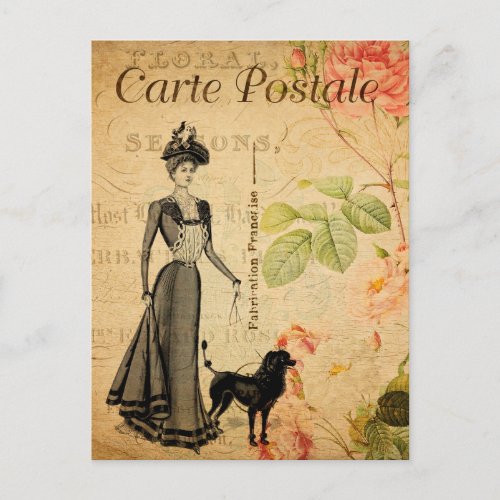 Vintage Elegant Lady Walking her Poodle Dog French Postcard