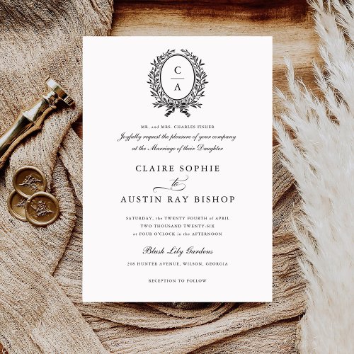 Vintage Elegant Leaf Wreath Monogram Crest Wedding Invitation