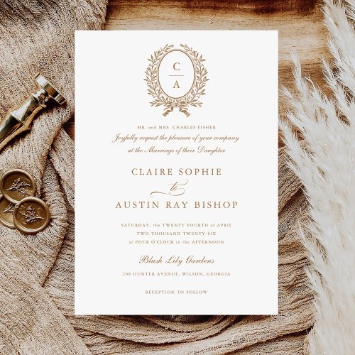 Vintage Elegant Leaf Wreath Monogram Crest Wedding Invitation