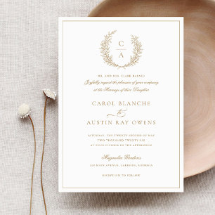 Vintage Elegant Leafy Wreath Gold Border Wedding Invitation