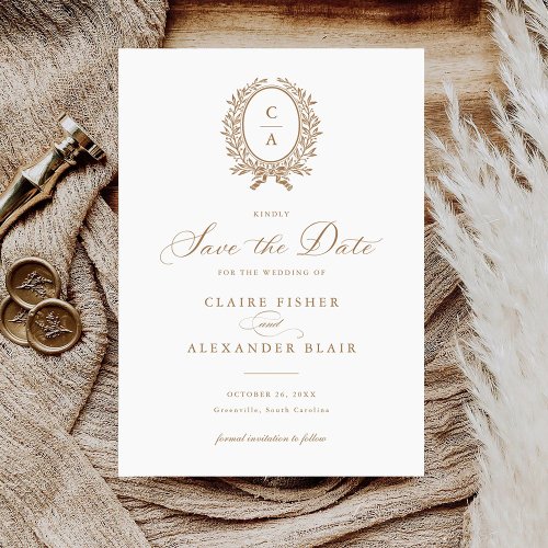 Vintage Elegant Leave Crest Monogram Save the Date Invitation