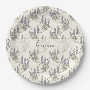 Vintage Elegant Lupine & Bees Botanical Pattern –  Paper Plates