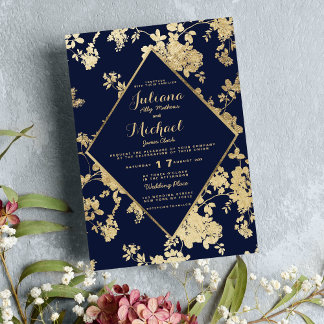 Vintage elegant navy blue faux gold floral wedding invitation