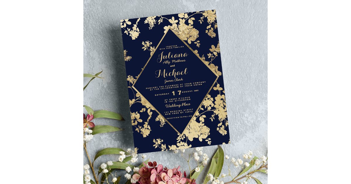 Vintage elegant navy blue faux gold floral wedding invitation | Zazzle