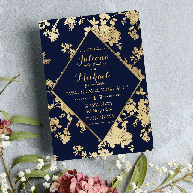 Vintage elegant navy blue faux gold floral wedding invitation | Zazzle