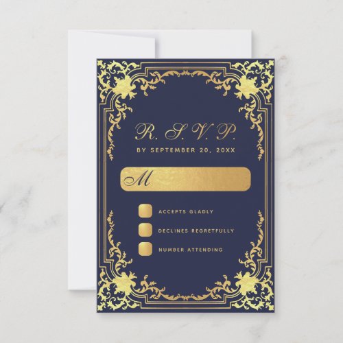 Vintage Elegant Navy Blue Faux Gold Script Wedding RSVP Card